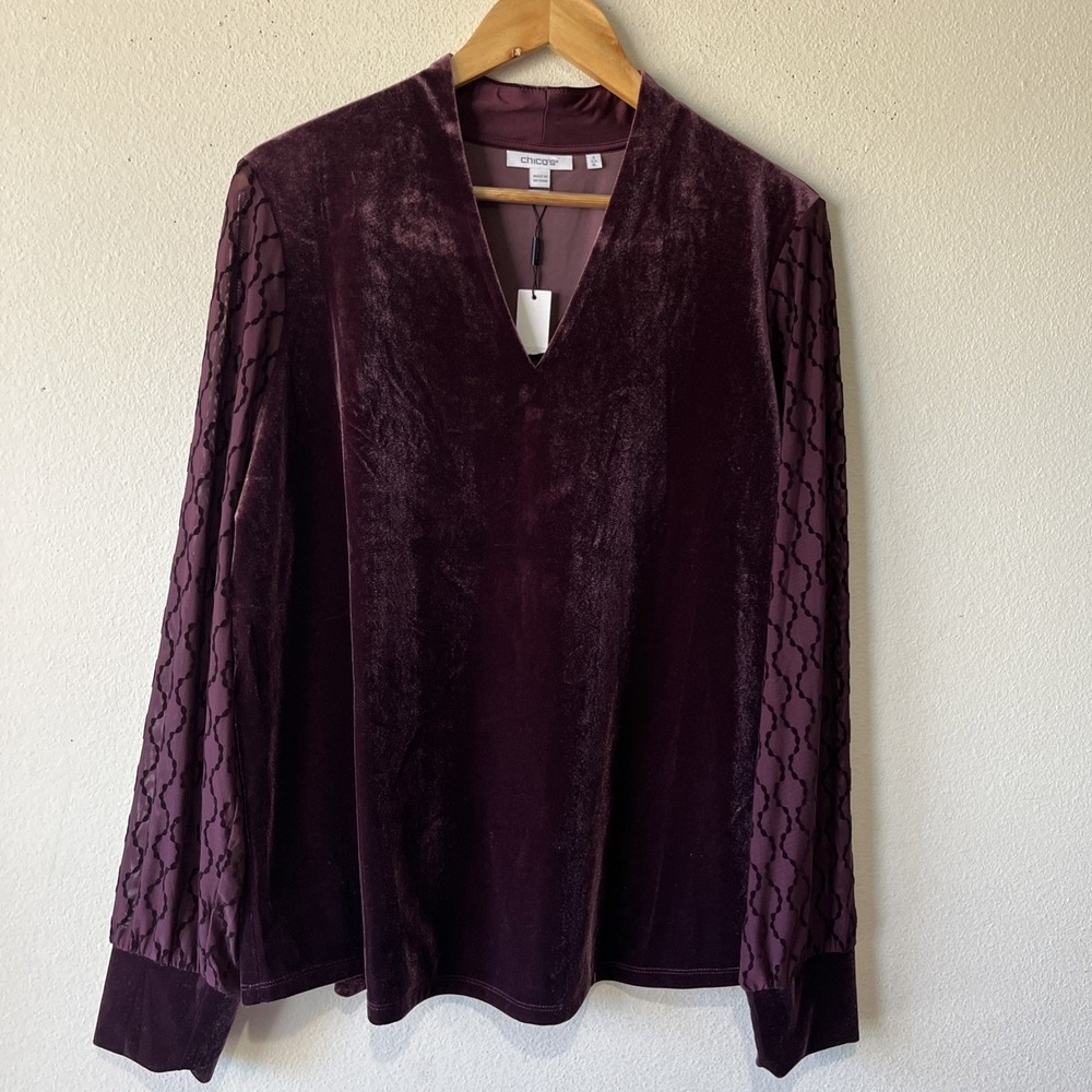 Chico's Velvet Art Deco Burnout Sheer V Neck Blouse Fairy Holiday US XL/3 New - Picture 6 of 9